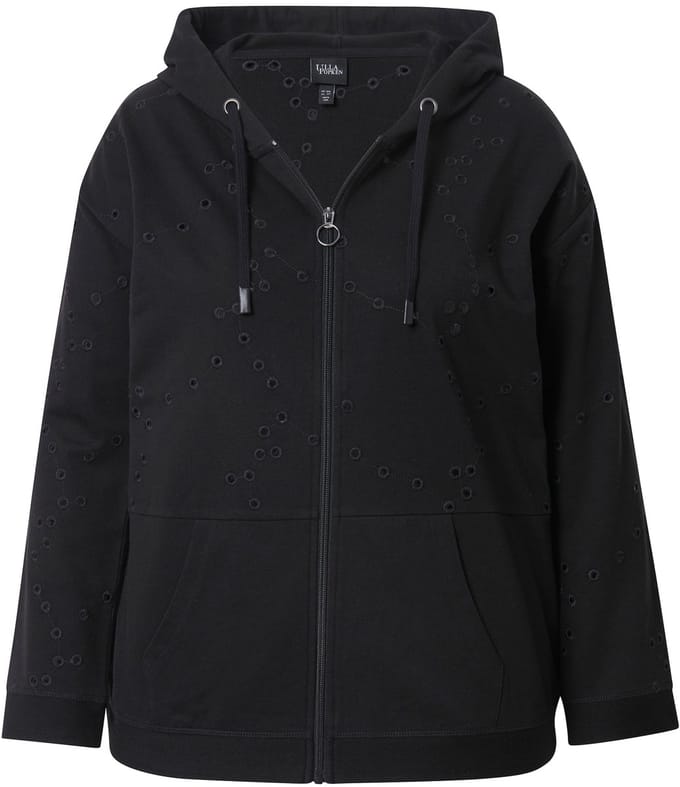 Ulla Popken - Dames - Trainingsjasje ogenborduursel oversized lange mouwen - Zwart - Maat 42+