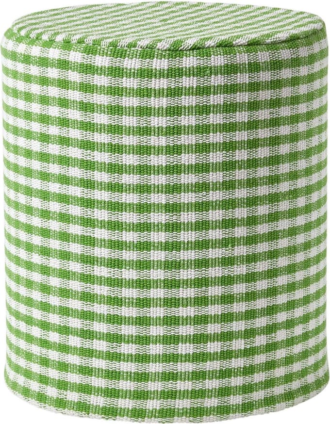 Homescapes Vichy ruit poef rond – groen en wit krukje, 40x42 cm