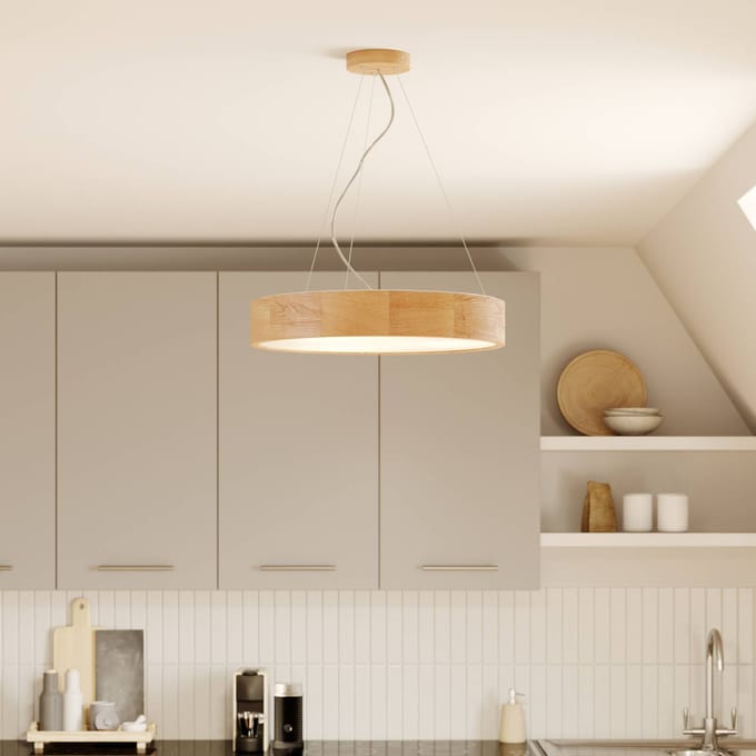 Envostar hanglamp Kerio, Ø 47 cm, eikenhout