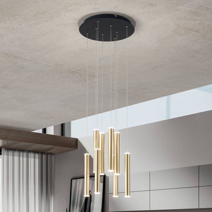 Fabas Luce Hanglamp Prado, goud, 8-lamps, Ø 40 cm, dimbaar