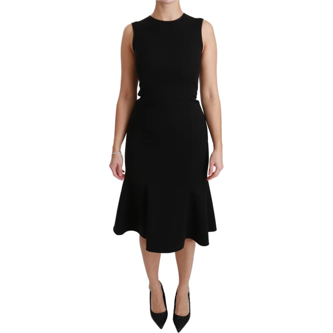 Dolce & Gabbana Dameszwarte Fleurige Wollen Stretch Sheath Jurk