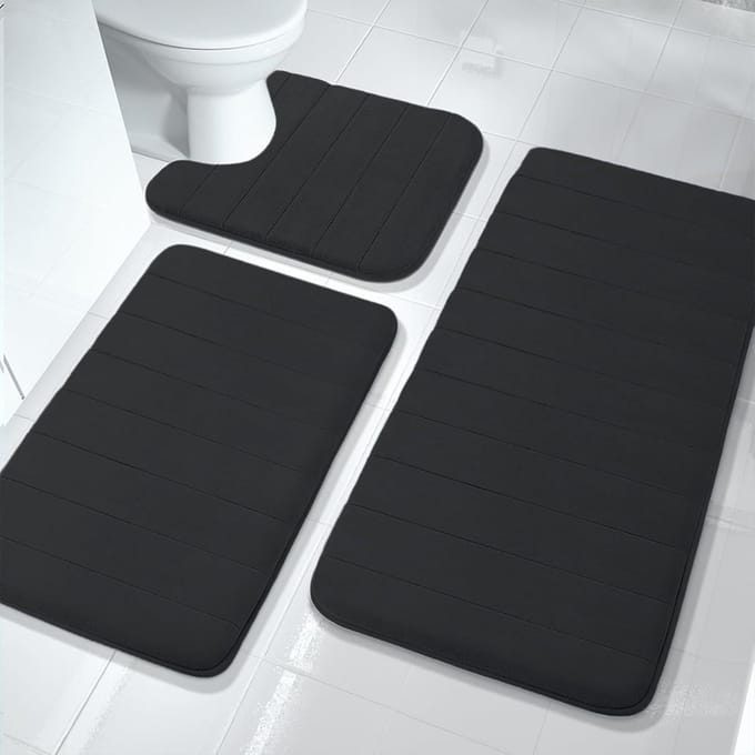 Badmat Set - Traagschuim Matten - Badkamer Comfort - Sneldrogend Absorberend - 3 Delig - Zwart
