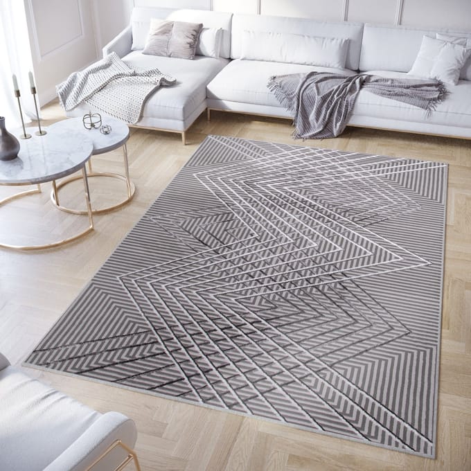 Tapiso Crystal Vloerkleed Grijs Zigzag 3D Effect Laagpolig Tapijt Maat- 80x150