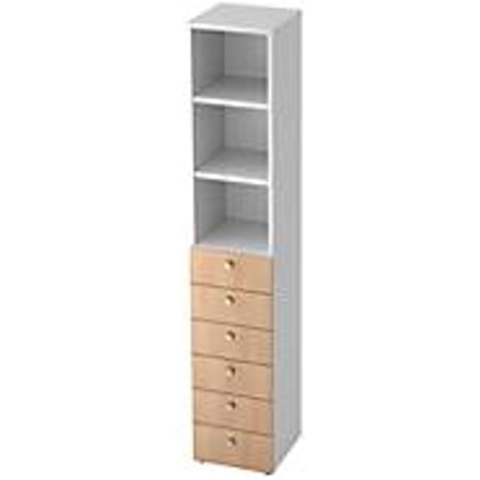 Combinatiekast TOPAS LINE, 6 dossierhoogtes, legborden + 6 laden, wit/eiken
