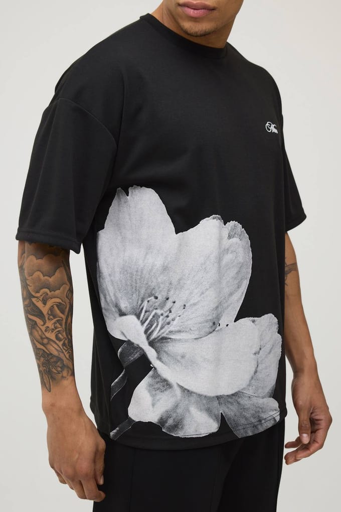 Oversized T-shirt Met Asymmetrische Bloemenprint In Zware Interlockstof | Black | Size Medium