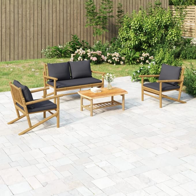 vidaXL - 4-delige - Loungeset - met - kussens - bamboe - donkergrijs