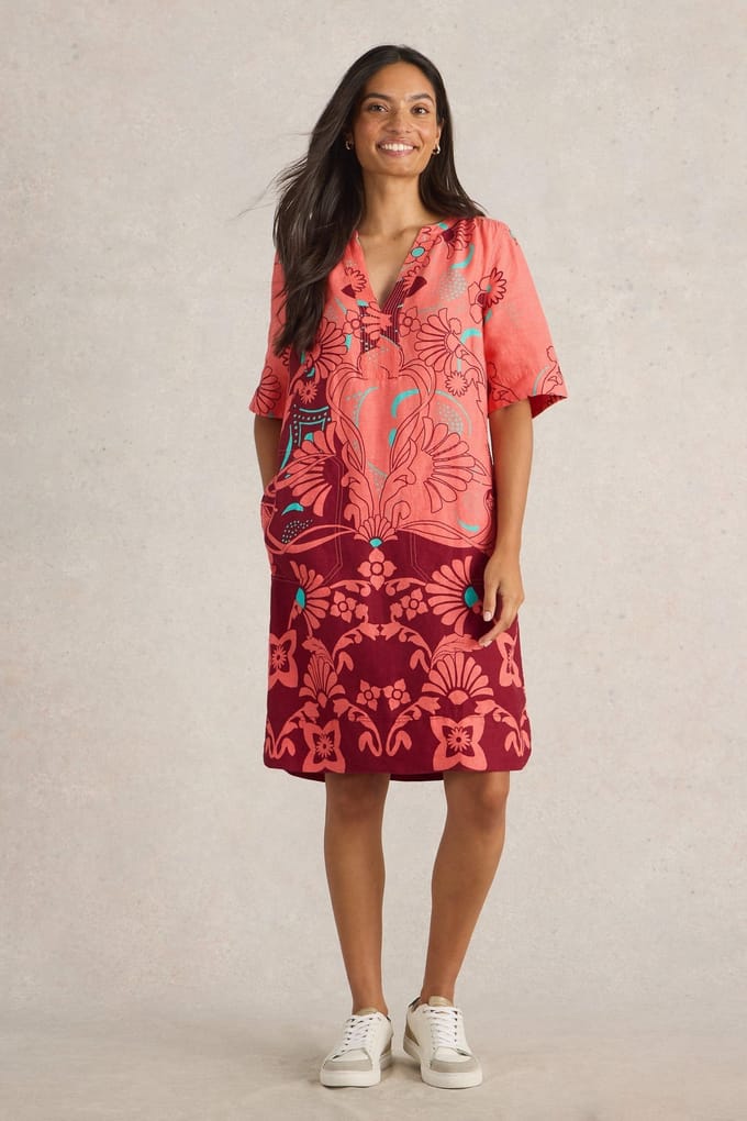 White Stuff June Linen Dress Red Multi Größe: 8 REGULAR | Blusenkleider Outlet | Damen | Weiß