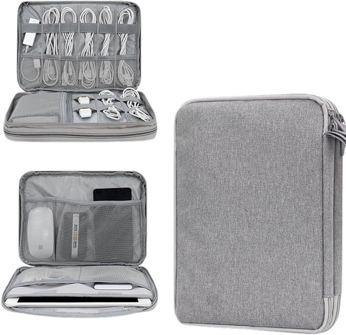 Dubbellaagse organizer voor reiskabels en elektronische accessoires, tas voor tablet en e-reader, grijs, multifunctioneel en compact, 1 stuk