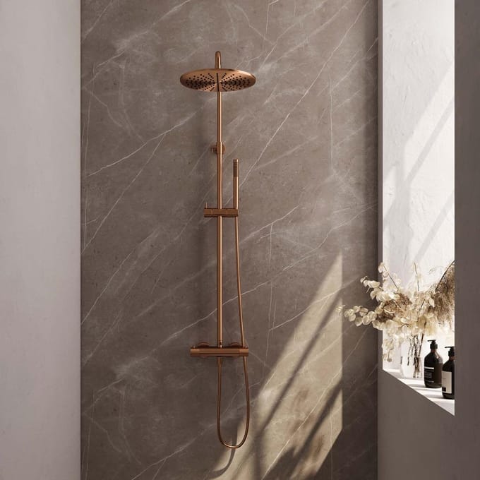 Brauer Copper Edition Opbouw Thermostatische Regendoucheset - Hoofddouche 30 cm - Staafhanddouche - Doucheslang - Koper Geborsteld Pvd