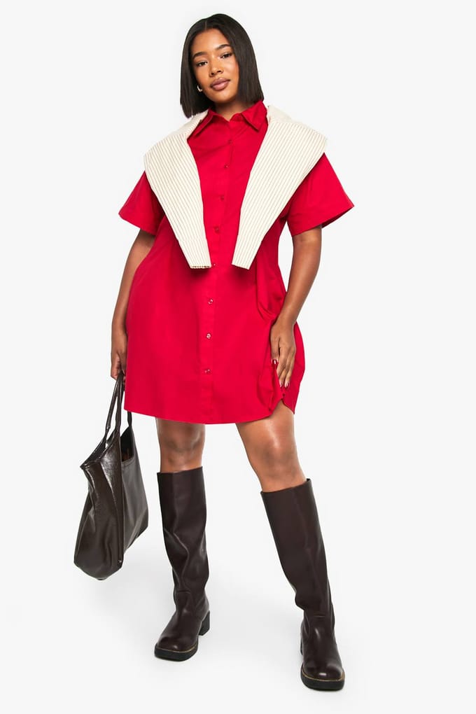 boohoo Dames Plus Poplin getailleerde overhemdjurk | Rood | Maat: 44