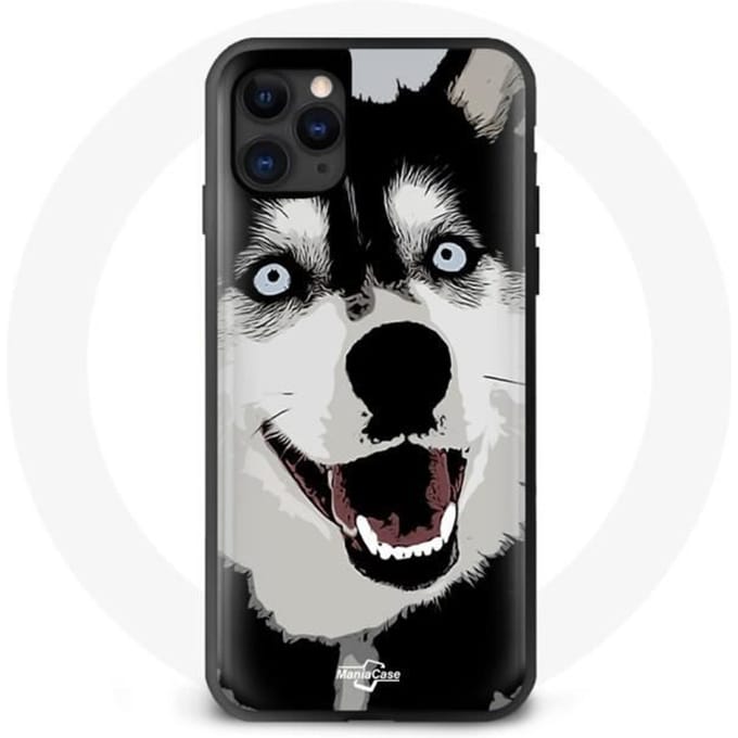 Coque iphone 12 mini chien husky noir et blanc yeux bleu