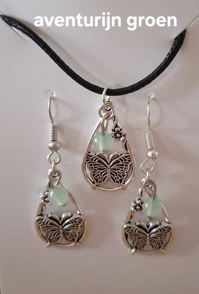 Set Ketting / Oorbellen Waterdruppel / Vlinder Aventurijn Groen