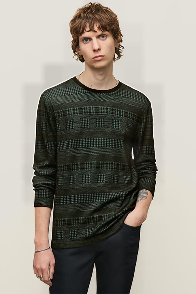 John Varvatos Reade Ls Pattern Mix Crew With Cold Dye Dark Moss Größe: S | Longsleeves Outlet | Herren | Weiß