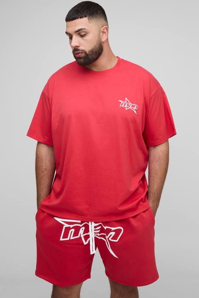 Plus Men's Star Puff Print Oversized T-Shirt & Relaxed Jersey Short Set | Red | Size 2XL