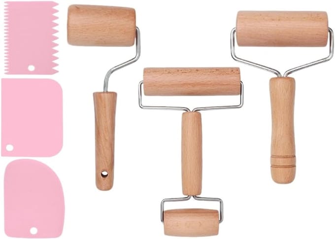 Houten deegroller met 3 siliconen spatels voor pizza, desserts en dumplings in 3 vormen