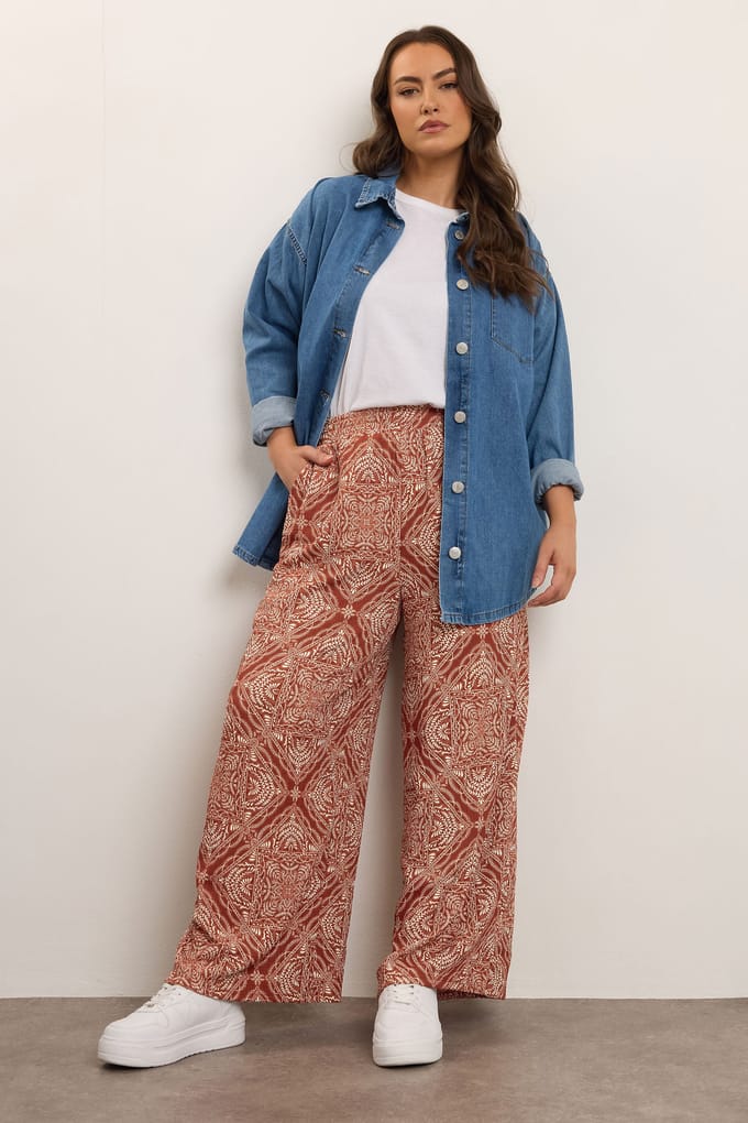 Yours Rust Brown Paisley Crinkle Wijde Broek Size 54-56