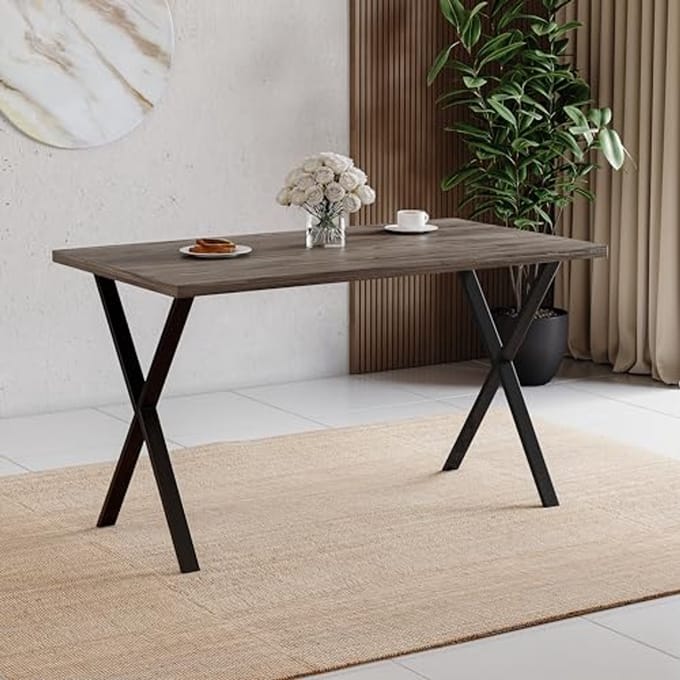 Industriële 4-zits eettafel met X-vormige poten voor keuken en eetkamer