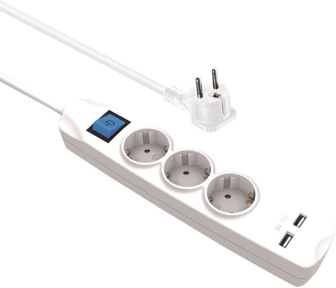 MaxTrack stekkerdoos met 3 contacten en 2x USB / wit - 5 meter