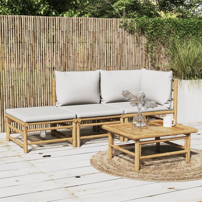 vidaXL - 3-delige - Loungeset - met - kussens - bamboe - lichtgrijs