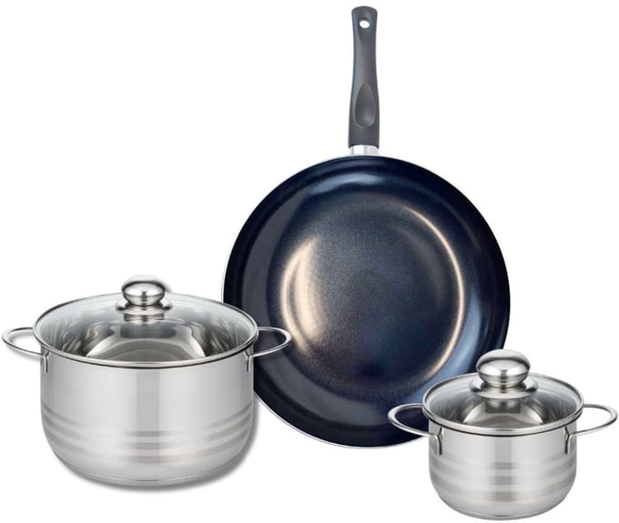 Set van 1 Koekenpan 32 cm en 2 kookpotten 16 en 24 cm Elo Prima Glanzend