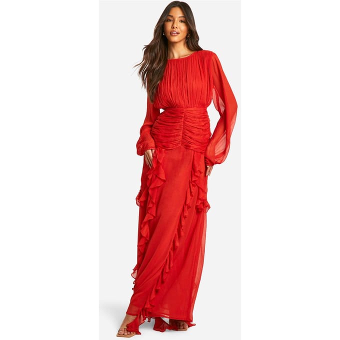 boohoo Dames Crinkle Chiffon Ruffle Maxi Jurk | Russet | Maat: 36