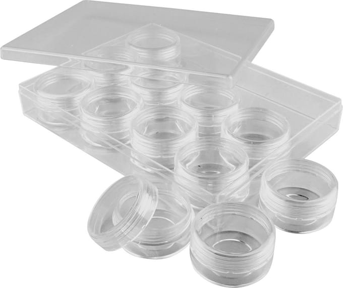 Opslagdoos met potjes, H: 20 mm, d 35 mm, 10 ml, 12 stuk/ 1 set