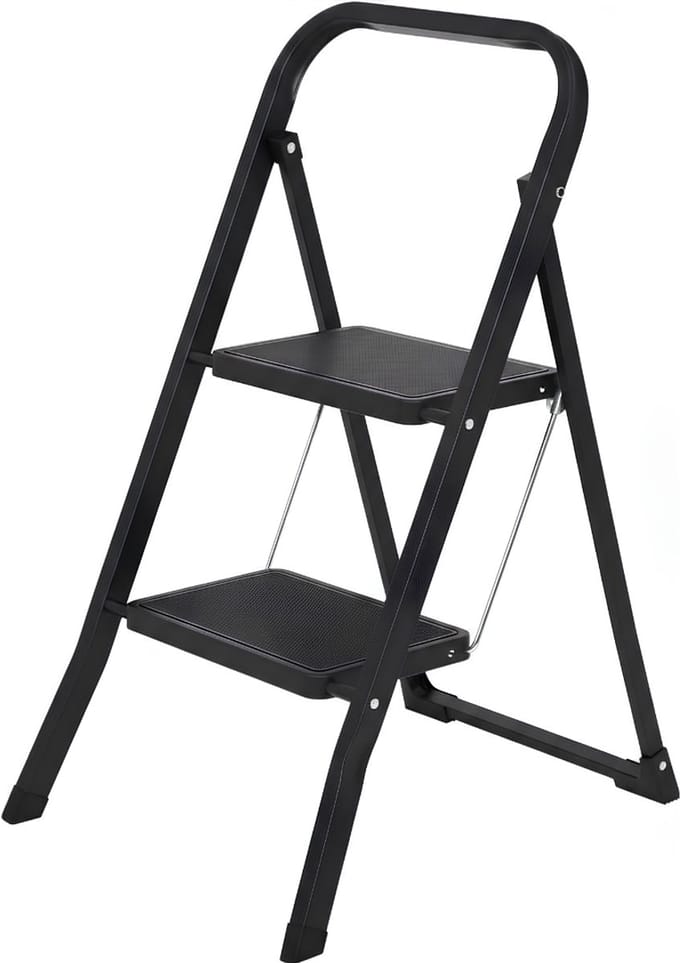 KAD® Keukentrap 2 Treden - Inklapbare Huishoudtrap - Veiligheidsbeugel - Zwart - ‎48cm x 13cm x 85cm