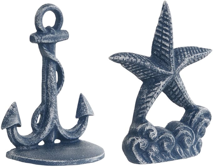 Deurstopper Zeester/Anker - blauw - gietijzer - 15 cm - maritiem