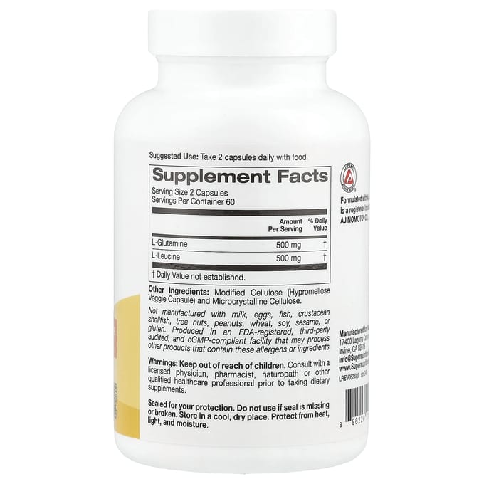 Super Nutrition, l-Glutamine + l-Leucine, 120 gélules végétales
