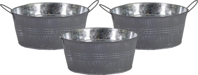 Mega Collections Teil/emmer/plantenpot - 3x - zink - grijs - rond - D19 x H9 cm