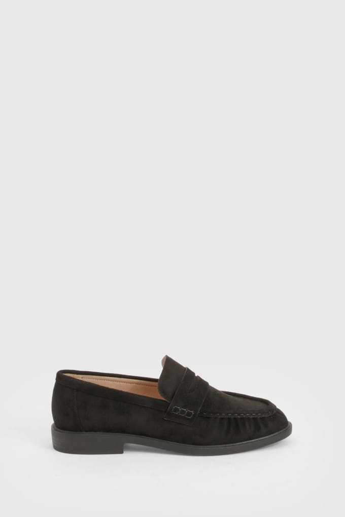 boohoo Dames Loafers met brede pasvorm in nep-suede met ruches | Zwart | Maat: 38