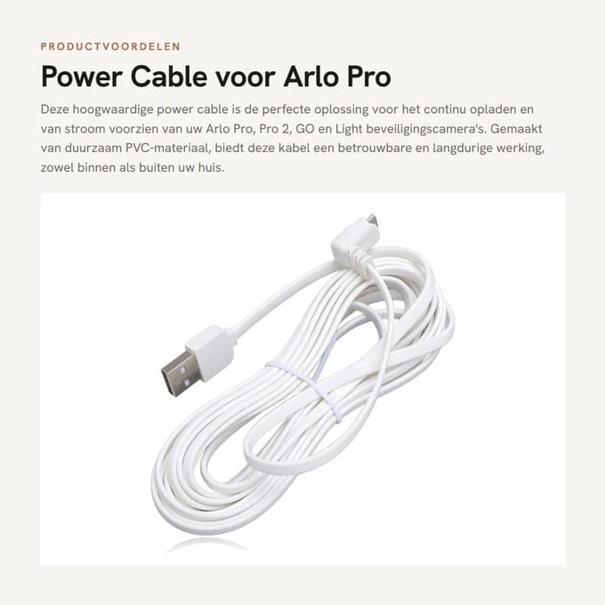 Dailygoods - Power Cable voor Arlo Pro, Pro 2, GO & Light - Opladen & Voeden met USB Kabel