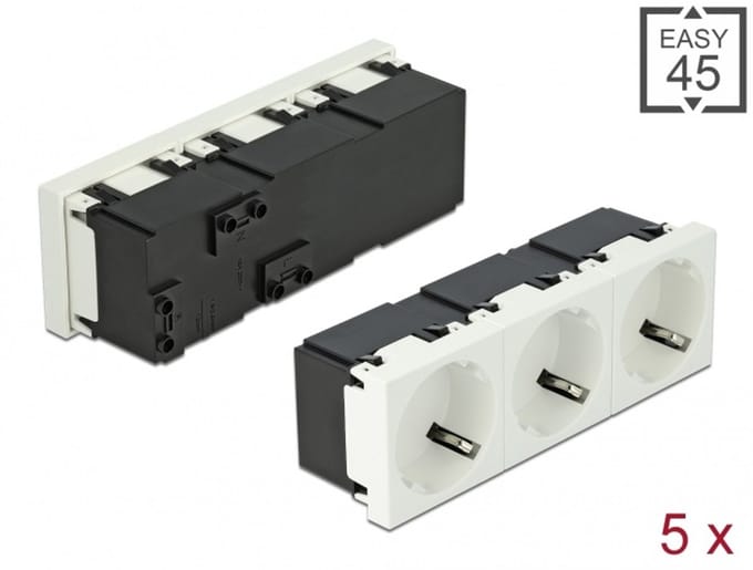 Delock Easy 45 Grounded Power Socket 3-way with a 45Ã‚Â° arrangement 45 x 45 mm 5 pieces