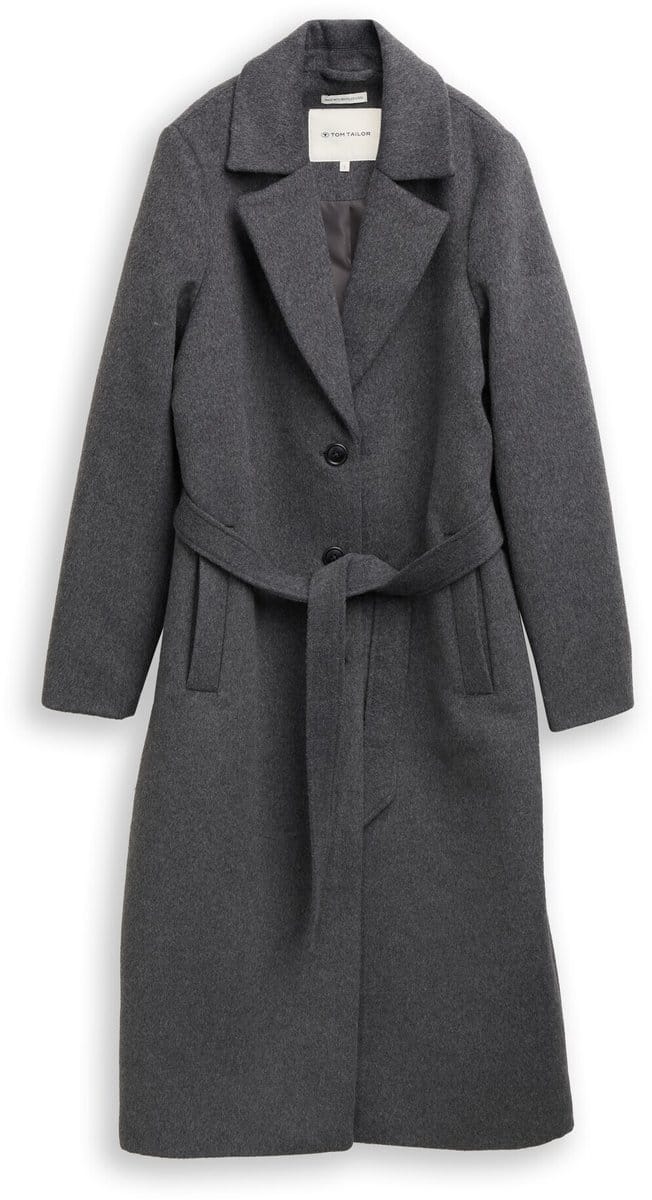 Tom Tailor - Wollen jas met riem - Maat XL - dark anthra melange