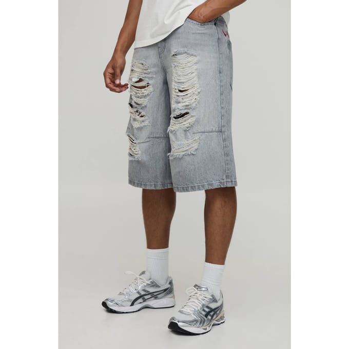 Geborduurd Gescheurde Lange Jorts | Light Grey | Size 28R