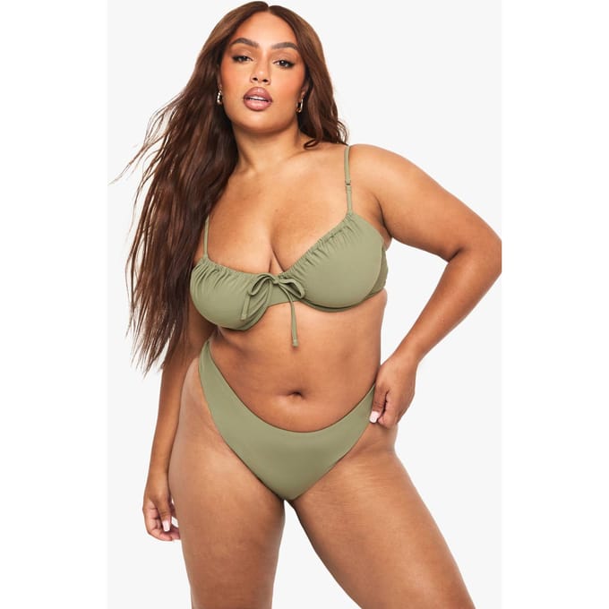 boohoo Dames Plus Swimwear Essentials Hoge Taille Slip | Kaki | Maat: 54