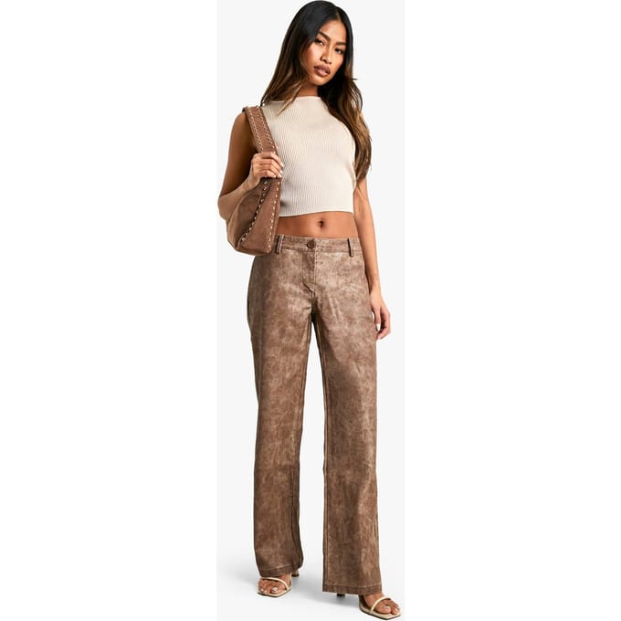 boohoo Dames Low Rise Washed PU Straight Leg Trouser | Vintage Was | Maat: 42