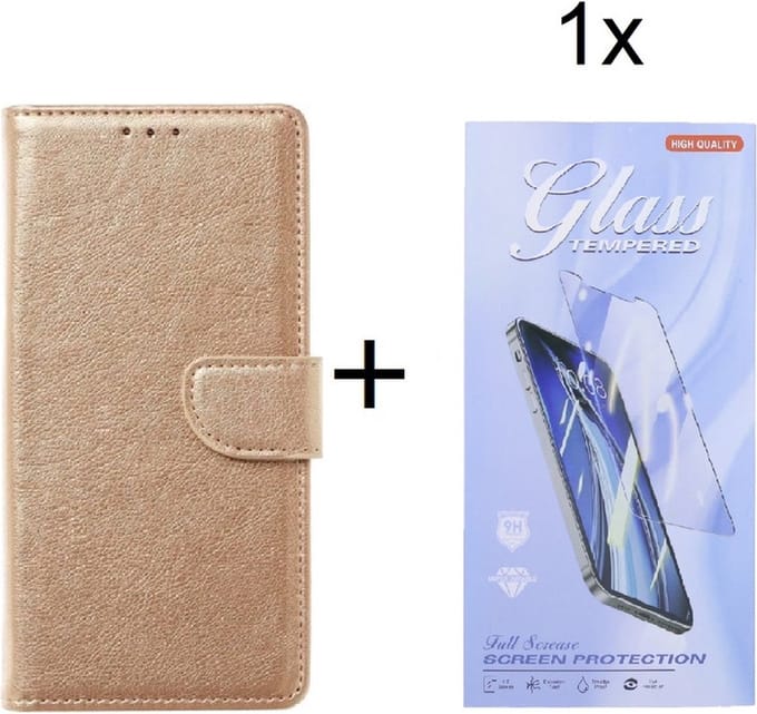 Bookcase Geschikt voor: Motorola Moto E20 / E30 / E40 - Goud - portemonnee hoesje met 1 stuk Glas Screen protector