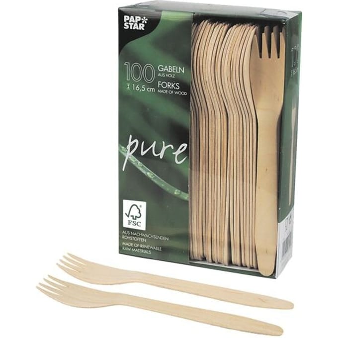 Papstar houten vorken Zuiver, splintervrij, L 165 mm, FSC®-gecertificeerd berkenhout, natuurlijke kleur, 100 stuks