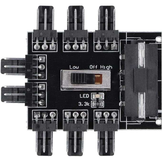 Computerventilatorhub splitter met 8-voudige snelheidsregelaar, 3-pins verlengkabel en grote 4-pins interface. black