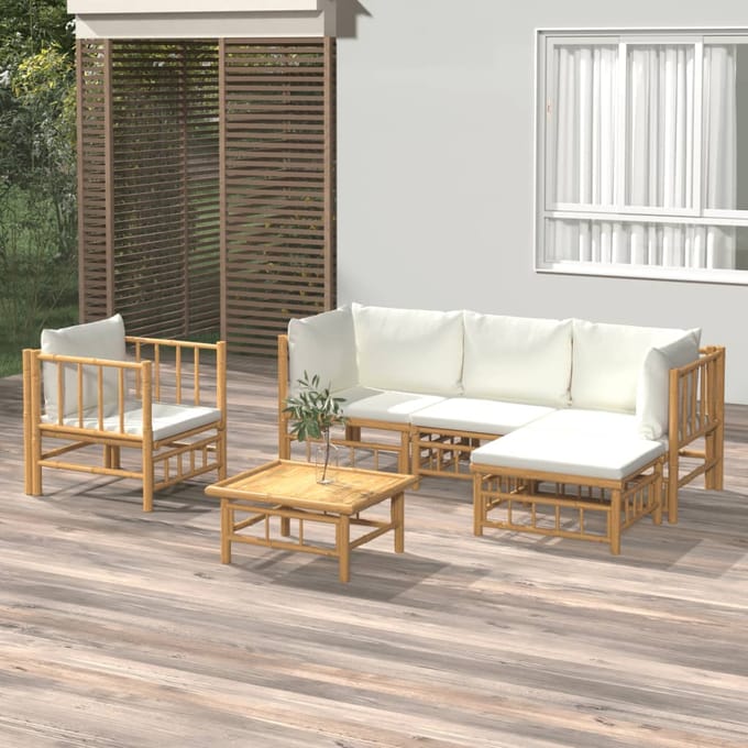 vidaXL - 6-delige - Loungeset - met - kussens - bamboe - crèmewit