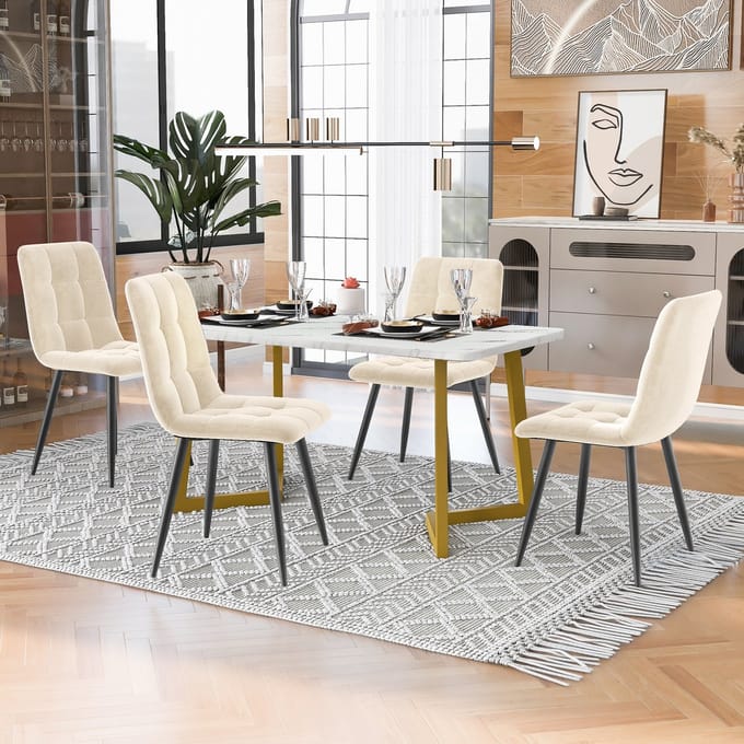 REDOM - Eethoek Met 4 Stoelen - Rechthoekige Eettafel - Modern - Voor Keuken Of Eetkamer - MDF - Beige