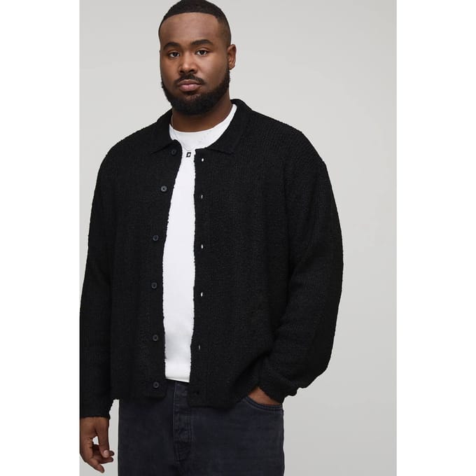 Plus Basic Boxy Geborsteld Gebreide Overhemd | Black | Size 2XL