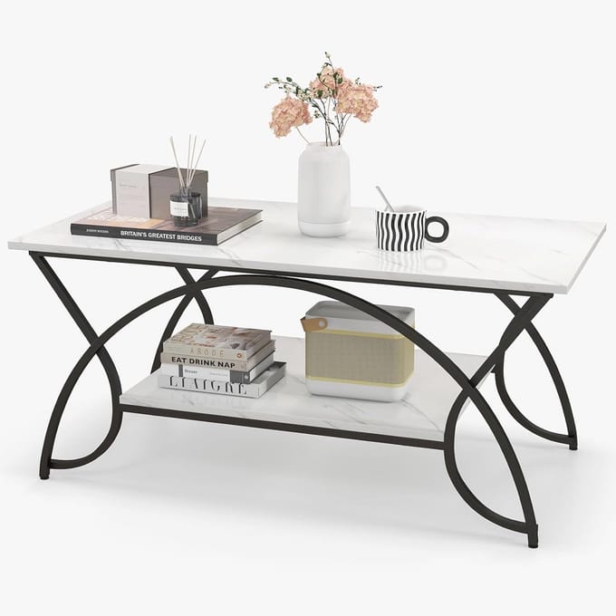 Marmeren Salontafel met 2 Planken en Metalen Poten - Modern en Functioneel