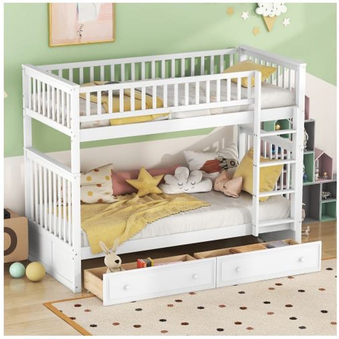 Stapelbed - MUVOE - 90x200cm - Wit - Met lades - Veilig voor kinderen wit