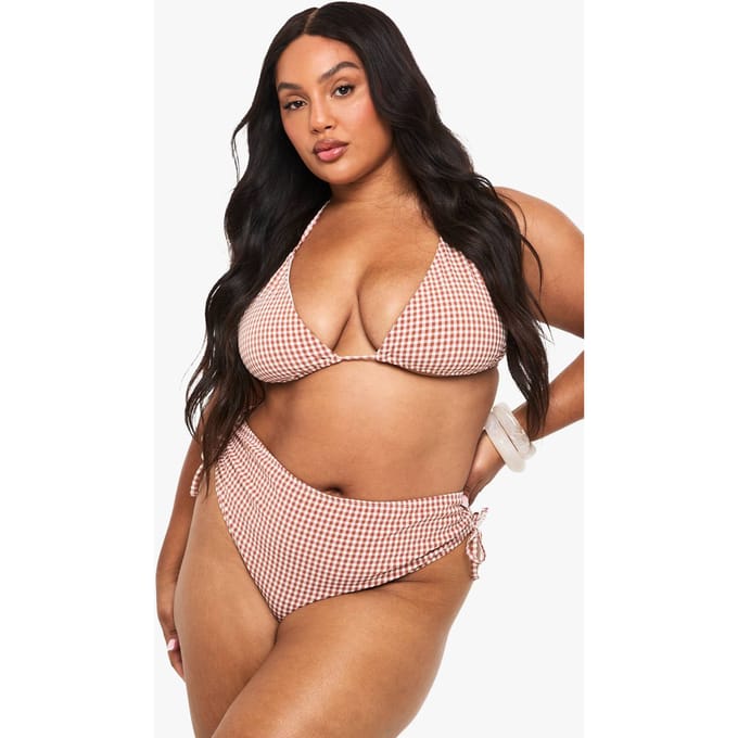 boohoo Dames Plus Seersucker Gingham Geruched Hoge Taille Slip | Chocolate | Maat: 22