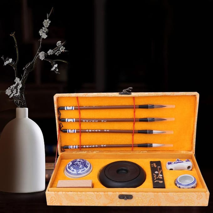 Chinese Traditionele Kalligrafie Set Vier Schatten van de Studie PenseelpenInktPapierInktsteen orange