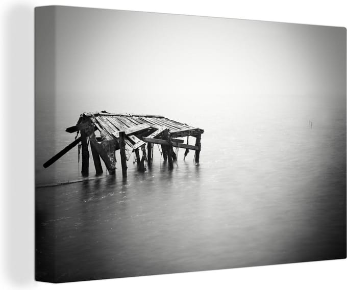 Canvas Schilderij Zwart-witte minimalistisch zeegezicht - 90x60 cm - Wanddecoratie