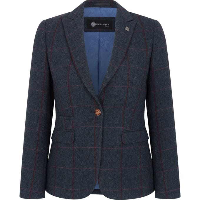 Marineblauwe tweed blazer met getailleerde pasvorm voor dames