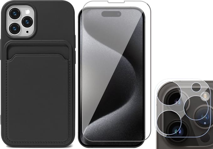 Hoesje Pasjeshouder geschikt voor iPhone 15 Pro Max - Screenprotector GlassGuard + Camera Lens Screen Protector - Siliconen Case Back Cover Zwart